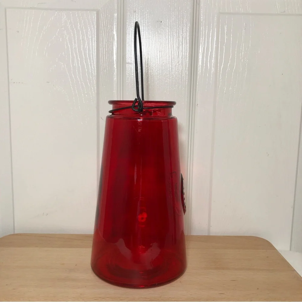 Genuine Crafted & Original Red Glass Ribbed Candle Holder with Metal Wire Handle